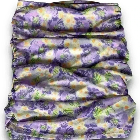 Lilac floral graphic print mini skirt Nasty Gal‎ mesh  ruched side high waisted - Picture 5 of 6